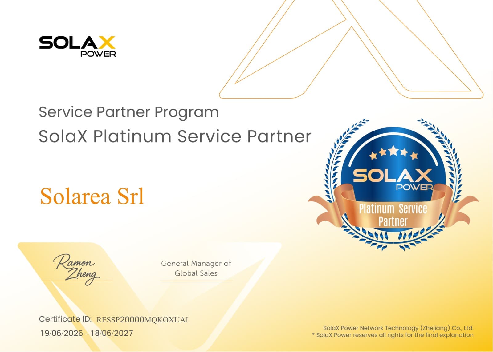 SolaX Platinum Service Partner - Solarea